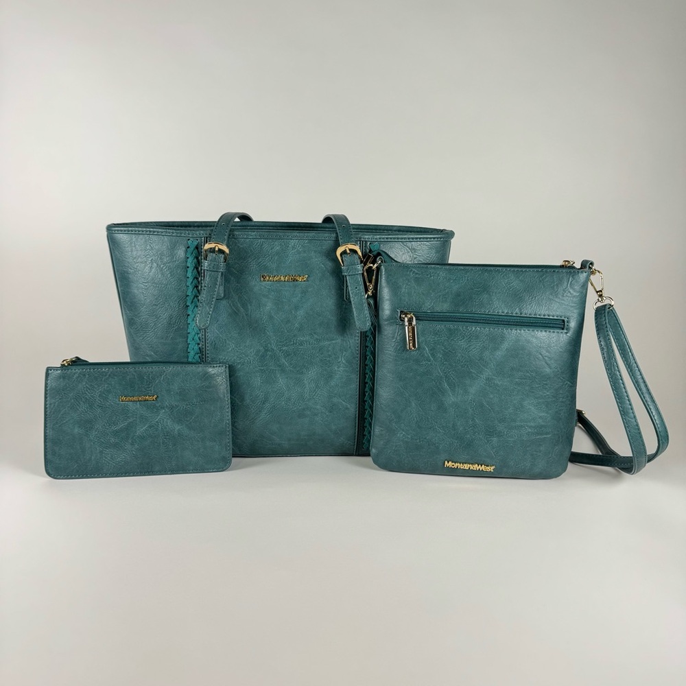 Montana West Whipstitch Turquoise 3 Piece Set; Tote, Crossbody, Wallet